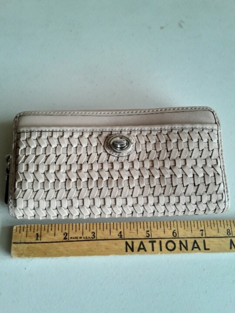 Coach Madison Woven Leather Accordion Zip Around Wallet Taupe Grey Greyish-Pink